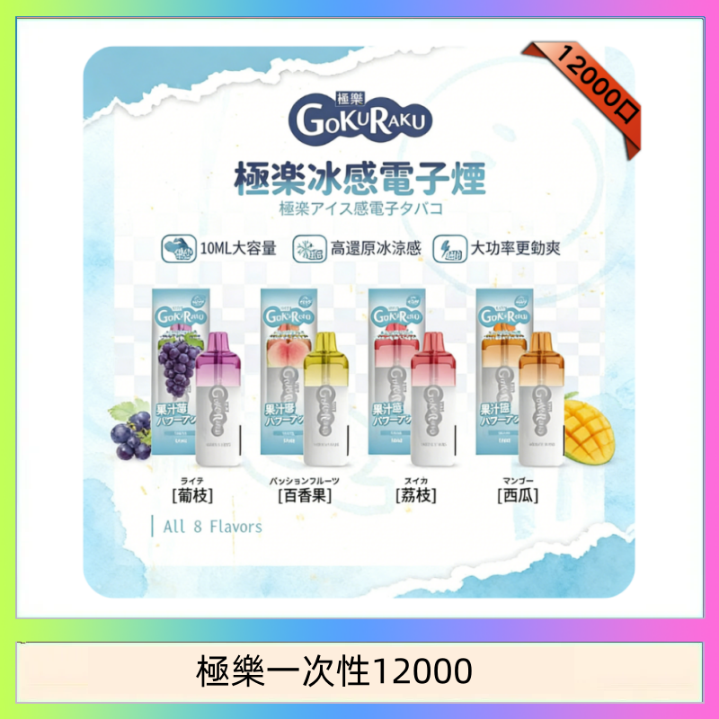 【8種口味】極楽 12000口一次性電子煙|超大容量 |口感絲滑|新品